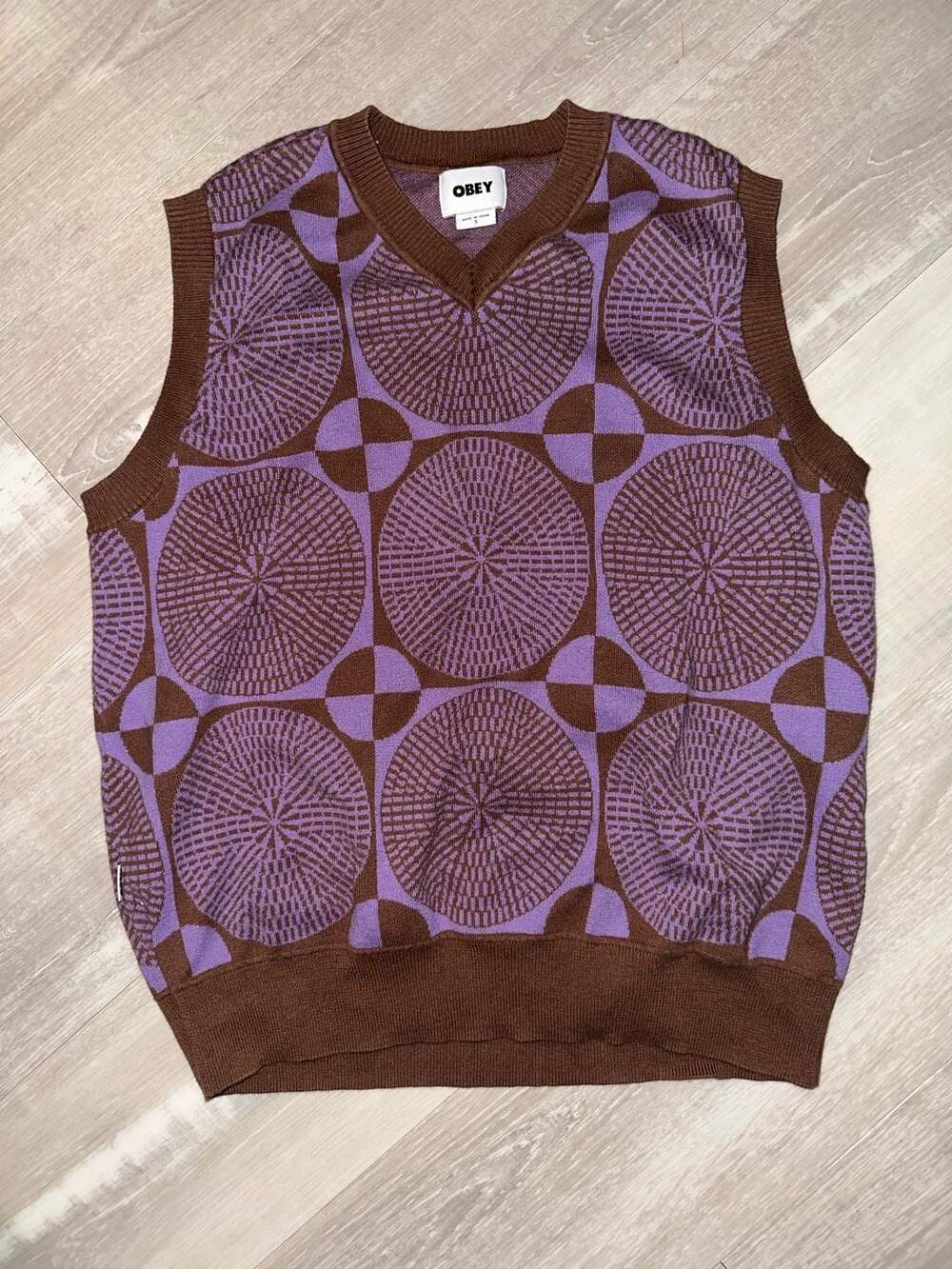 OBEY Dazed Sweater Vest in Brown and Purple Geometric Pattern